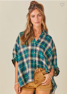 Button Down Oversized Plaid Flannel, Green