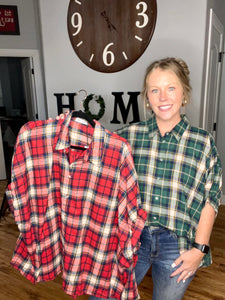 Button Down Oversized Plaid Flannel, Red