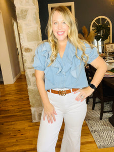 Denim V-Neck Button Down Ruffle Top